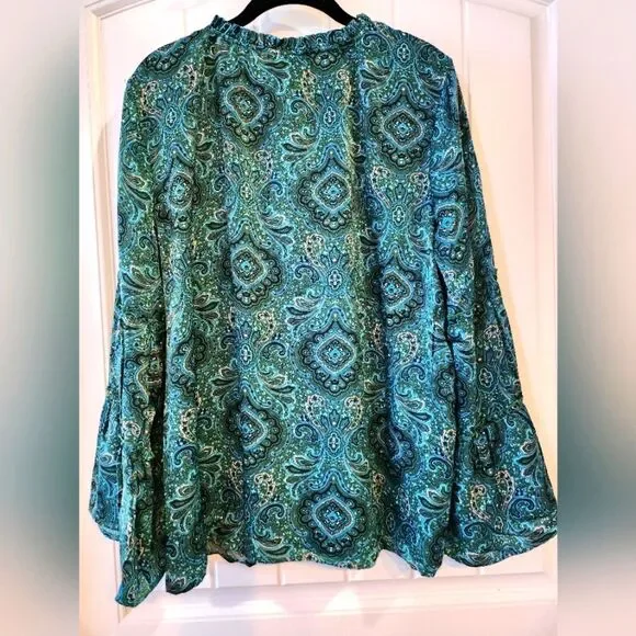 NWT GRAND & GREENE, LARGE, PAISLEY TIE NECK WITH TASSELS TRUMPET SLEEVE TOP - Picture 2 of 11